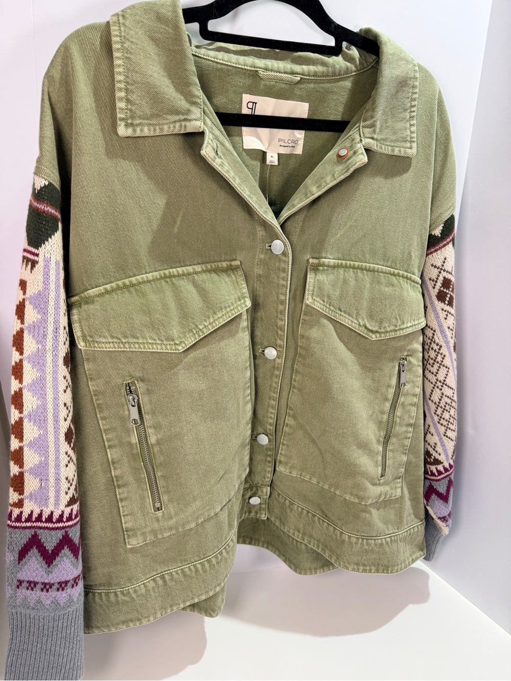 NWT Anthropologie Pilcro Olive Shacket Fair Isle Knit Sleeves XL